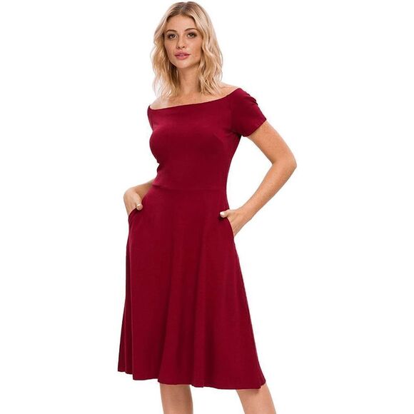 ❤️ Off Shoulder Short Sleeve Cocktail Burgundy Dress with Pockets SIZES M, L NEW - Picture 3 of 16